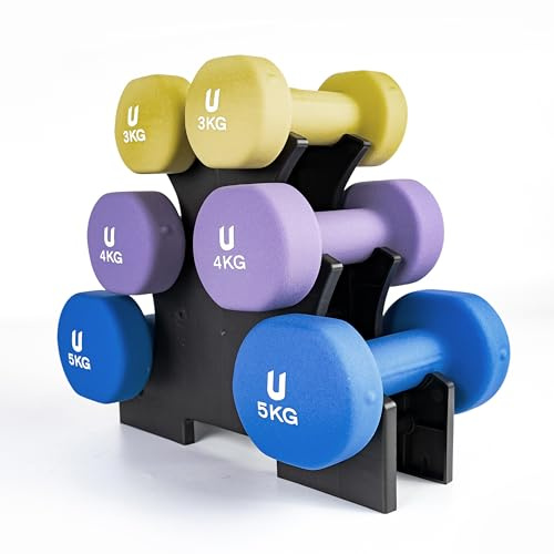 unycos - Set di 6 Manubri Antiscivolo in Neoprene, Coppia di Pesi Rotonde da 3, 4 e 5 kg per Uomini/Donne, Nucleo in Ghisa, Allenamento della Forza, Fitness, Palestra in Casa (Multicolore)