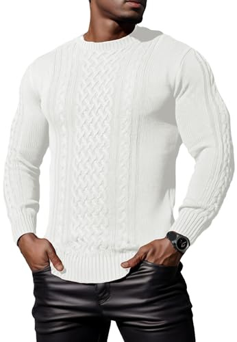 Hisir Men's Winter Thick Cable Knit Jumpers Casual Crew Neck Warm Long Sleeve Pullover Sweater Tops for Men