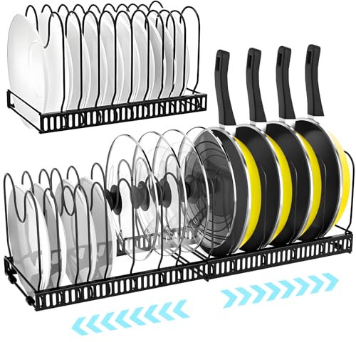 ZLPBAO Support de casserole pour tiroir avec 14 séparateurs réglables, organiseur de casseroles, extensible parfait pour les ustensiles de cuisine, poêles, casseroles et couvercles, noir
