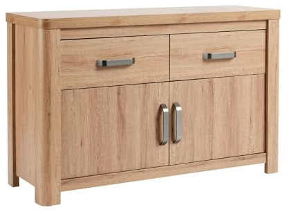Home Source Sideboard Storage Unit, 2 Doors, 2 Drawers, Metal Handles, Oak Effect, 120cm