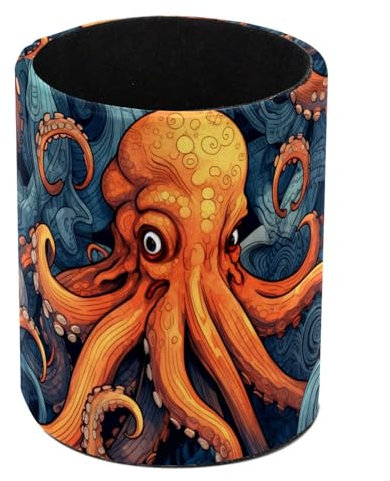 Orange Octopus Pattern Desk Pen Holder, Pencil Pen Desk Organizers, Pencil Holder Pencil Case Cup Pencil Bag for Desk Office Pen Case for School, Kids