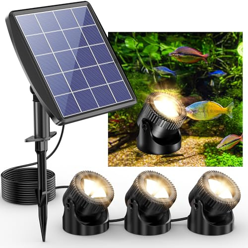 POPOSOAP Solar Pond Lights, 3-in-1 Warm White Underwater Pond Lights, IP68 Waterproof LED Landscape Spotlights for for Pond, Garden, Patio, Fountain, Pool, Waterfall Decoration(3 Head Lamp)-P63H