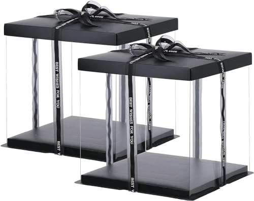 MixMio Transparent Cake Carrier Boxes Set of 2, 10 Inch Tall Cake Packaging Box with Lids and Ribbon, PET Clear Gift Boxes (Black, 8 Inch)