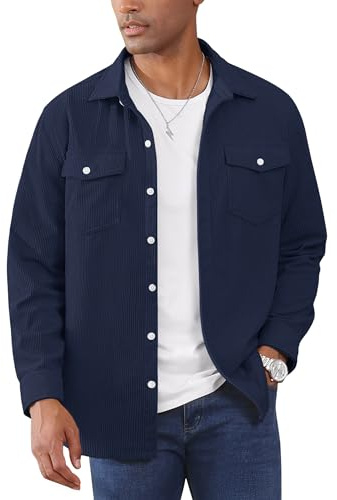 EKLENTSON Chaqueta para Hombre de Pana de Color Sólido Camisas de Solapa Acanalada Camisa Chaqueta Ligera Azul Marino M