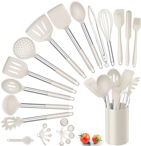 Herogo Kitchen Utensils Set, 25 Pcs Silicone Cooking Utensil with Holder, Heat Resistant Stainless Steel Handle for Non-Stick Cookware, Turner Spatula Spoon Kitchen Tools Set, Khaki