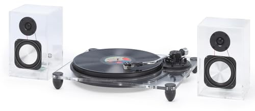 Steepletone Soho Clear Acrylic Vinyl Record Player, with Wireless Speakers 2 speed turntable with Counter Weight & AT-3600L Cartridge