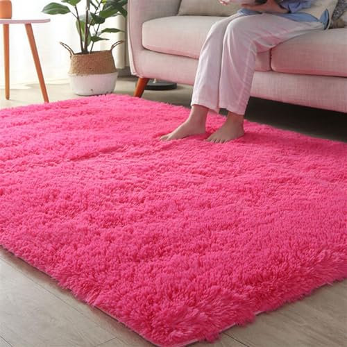 Guetto Hochflor Teppich Wohnzimmer rutschfest Fellteppich Shaggy Flauschig Weich Modern Kunstfell Fell Imitat Einfarbig, Teppich für das Schlafzimmer/Wohnzimmer/Kinderzimmer,Rose red,100x200cm