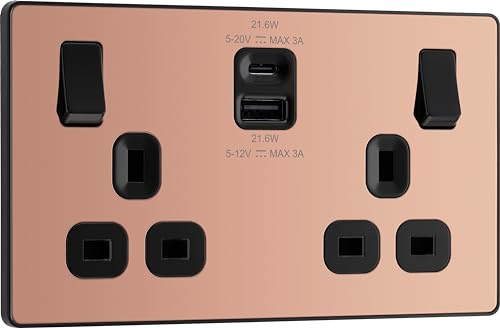 BG Electrical 22W Double Switched Power Wall Plug Socket with Fast Charge Type A and Type C USB Charging Ports, Evolve, Polished Copper, 13A, PCDCP22UAC22B