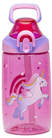 bzyoo Tritan HappyHydrate Gourde pour enfant 16 oz – Bouteille rose avec motif licorne, bouchon de paille et couvercle, fermeture sécurisée, bouteille pour enfants idéale pour les déplacements