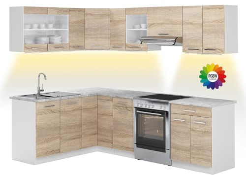 Vicco Eckküche Rick, Sonoma/Weiß, 247 x 167 cm | AP Marmor mit LED-Leisten, mit modularen Elementen flexibel erweiterbar und kombinierbar