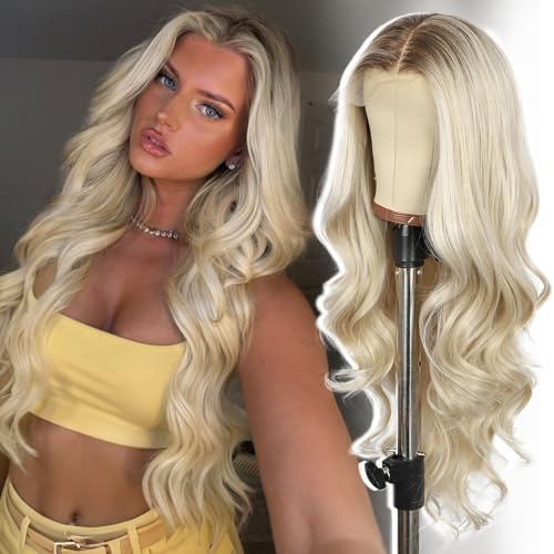 SOMIARIK 33 x 10 cm große synthetische Ombré-Perücke, blond, Lac | 13 x 4 synthetische gewellte Lace-Front-Perücke, vorgezupft, mit Babyhaar, 150 % Dichte, natürlich aussehend, 66 cm