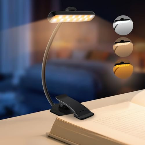 karidi Lampada per Lettura nel Letto Rotante, 24 LED Doppia Riga, Lampada da Lettura a Clip Ricaricabile 1000 mAh, 5 Luminosità e 3 Colori per Lettura a Letto
