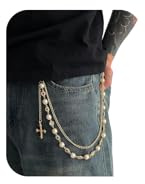 Rhinestone Waist Body Chain Jewelry Pearl Waist Belt Goth Cross Pendant Pants Chain Hip-Hop Jean Trouser Keychains Jewelry for Men Women (Gold)