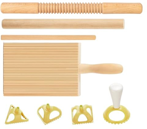 Pasta Making Tools - Complete Tree Dough Board & Rolling Pin Pin, Handmade Noodle Supplies | 8x Ravioli Stamp, Dumpling Press, Lasagnette Cutter for Fresh Pasta, Spaghetti Italian Dishes