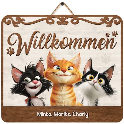 Geschenke Mall Holzschild Personalisiert - Willkommen - Schild selbst gestalten, haustürschilder mit Namen, blechschild Katze, Holz namensschild, Holzschild Katzen (3 Haustiere)