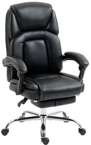 HOMCOM Ergonomic Office Chair with Footrest, 135° Reclining PU Leather Executive Desk Chair with Pocket Spring Seat for Home Office Work, Black