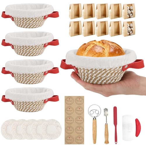 Gärkörbchen Rund aus 5 Stück, 5,5 Zoll Zoll Kleine Körbe, Mini Brot Backen mit Gärkörbchen Set, Zubehör für Brotbacken, 10 Brottüten, Baumwollseil Gärkörbe für Teigaufgehung, Backzubehör für Brot