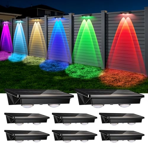 Paktonvo Solar Fence Lights Outdoor 8Pack, Warm White & RGB 6 Color and Glass Panel, Waterproof High Brightness Solar LED Spot Lens Deck Lights for Outside Stairs, Porch Step, Railing, Backyard, Patio