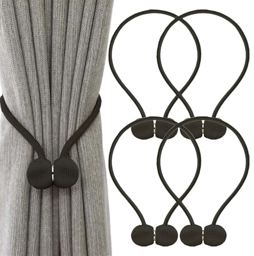 NANASUGUR 4 Stück Magnetische Vorhang Raffhalter, Boho Raffhalter für Vorhänge, Verstellbar Gardinenhalter Raffhalter, Gardinenband Geeignet für Schlafzimmer, Wohnzimmer und Büros (Schwarz)