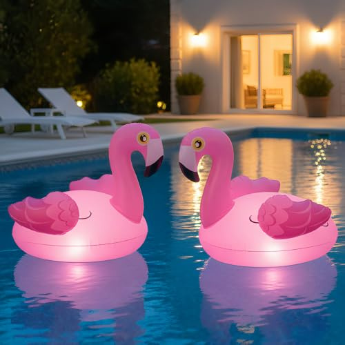 DAJASD Flamingo Pool Lichter Schwimmend, 2 Stück Solar Poolbeleuchtung Schwimmend, IP68 Wasserdicht Aufblasbar Flamingo Schwimmring, Solarlicht Pool Für Pol, Teich, Balkon, Garten, Boden