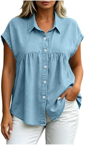 Jeansblus för kvinnor med krage, knappar och kepsärmar | Lätt denimtyg, knappblus, peplumstil, kortärmad, perfekt för arbete och daglig användning.