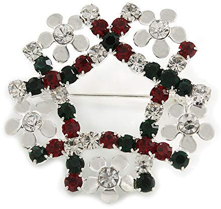 Rouge/Vert/Blanc, Cristal, couronne de l'Avent – Broche, plaqué argent