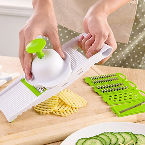 Mandolin Vegetable Slicer 5 Blades Stainless Steel Professional Mandoline Grater Removable Julienne Cutter Potato Cutter Manual Food Slicer Cutter Fruit Cutter Vegetable Slicer Green
