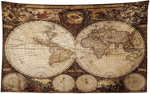ABAKUHAUS Weltkarte Wandteppich und Tagesdecke, Historische alte Atlas aus Weiches Mikrofaser Stoff Waschbar ohne Verblassen Digitaldruck, 230 x 140 cm,Braun Beige