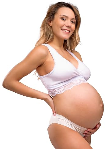 Carriwell Soutien-Gorge de Grossesse, Sommeil et d’Allaitement Bio – Soutien-Gorge en Coton Ultra Confortable avec Dentelle, Respirant, Doux et sans Couture, S’adapte aux Changements de la Poitrine M