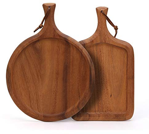 Pizza Pan Round and Square Combination Pizza Pan Consumer and Commercial Wooden Pizza Pan Breadboard Service Tray with Handle Cutting Board Suitable for Pizza Steak Bread Fruit 10 Inches, Acacia Pizza