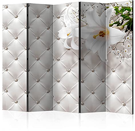 murando Raumteiler Foto Paravent Blumen 225x172 cm beidseitig auf Vlies-Leinwand Bedruckt Trennwand Spanische Wand Sichtschutz Raumtrenner Design Glamour weiß Lilie Lederoptik Ornament b-C-0119-z-c