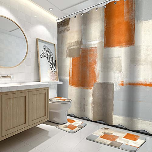 Lnond Juego de 4 Cortinas de Ducha con alfombras, Modernos Juegos de baño de Pintura Naranja y Blanca con Cortina de Ducha y alfombras y Accesorios