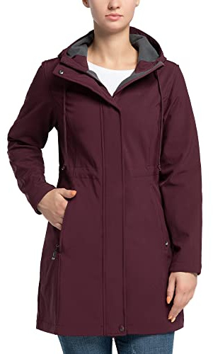 33,000ft Damen Leichte Wasserdichte Softshell Regenjacke Lange Funktionsjacke Übergangsjacke Windjacke Atmungsaktive Regenparka mit Kapuze Regenmantel für Wandern Laufen Sporten