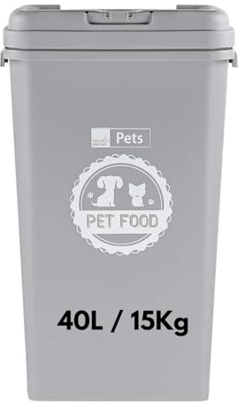 Bedding Home Airtight 15Kg Pet Food Storage Container | Flip Top Lid With Integrated Scoop | 40L Pet Animal Dry Food Dispenser Bin For Cat Food, Dogs Food & Birds Seed (40L Grey)