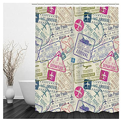Banemi Duschvorhang Retro, Duschvorhang für Gardinengleitung Lila Bunt Flugticket Polyestergewebe 120X180cm für Eck Dusche mit 12 Duschvorhangringen