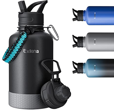 Exllena Trinkflasche 2L Edelstahl mit Strohhalm, doppelt isolierte Wasserflasche 2 Liter mit zwei Deckeln und schützendem Silikonstiefel, Paracord-Griff praktisch zu tragen - Schwarz