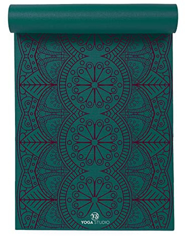 Yoga Studio Esterilla de yoga diseñada – 183 cm x 61 cm, tapete de yoga antideslizante de 6 mm, tapete de PVC a prueba de desgarros (verde azulado gota de rocío Mandala)