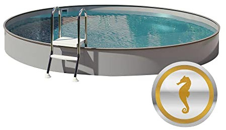 Rundpool TEILEINGELASSEN - Umfangreiches Komplettset - Hochwertiges Stahlwand Schwimmbecken in Anthrazit - Inkl. Wärmepumpe Sandfilter Leiter Vlies Skimmer Solarplane Anschluss UVM. (Ø 3,50 x 1,20 m)