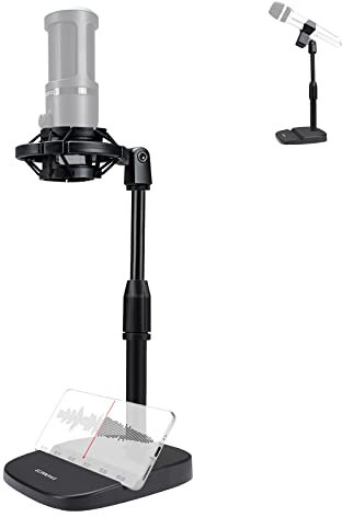 Desktop Microphone Stand, Podcast Microphone Stand, Table Gaming Mic Stand, Height Adjustable with Shock Mount, Mic Clip Phone Slot Weighted Base for Broadcast Studio Recording for AT2020 Shure Rode