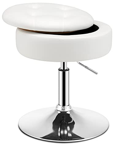RELAX4LIFE Sgabello Vanity con Portaoggetti, Ottomana in Similpelle Imbottita, Girevole a 360° e Regolabile in Altezza Tra 51 e 66CM, per Camera da Letto, Soggiorno, Bar (Bianco)