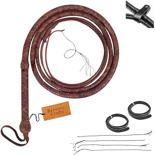 Bantoro Crafts Indiana Jones Peitsche aus Känguruleder Flechtpeitsche aus Leder mit 16 Zöpfen robuster Peitschenbauch und Lederpolster innen Lautes Knallen der Peitsche Lederpeitsche