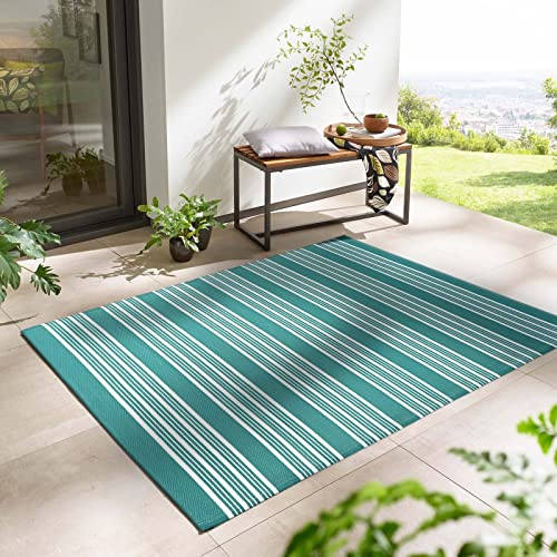 Taracarpet Outdoor Kurzflor Teppich Santa Monica wetterfest, wasserfest, rechteckig, Höhe: 3 mm, Balkon Garten Terrasse Camping Wintergarten Petrol gestreift 160x230 cm