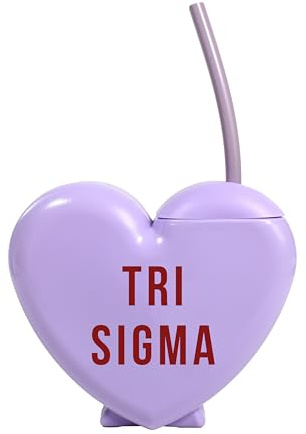 Sorority Shop Tri Sigma Tumbler with Straw - Candy Heart Shaped 16 Oz Tumbler with Lid and Silicone Straw, Reusable Plastic Cup with Screen Printed Sorority Name for Any Cold Drink