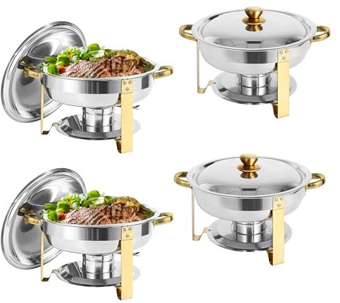 IMACONE Chafing Dish Buffet Set of 4, 5QT Round Stainless Steel Chafer for Catering, Upgraded Chafers and Buffet Warmer Sets w/Food & Water Pan, Lid, Gold Frame, Fuel Holder for Party Wedding Holiday