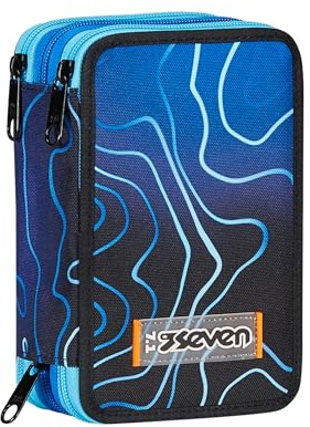 Seven Federmäppchen, Mäppchen, Mehrfarbig, Federtasche für Schreibwaren, Etui mit Stiften, Kugelschreiber, & mehr, 3 Fächer, Mädchen & Jungen, Schule - Grundschule, blau