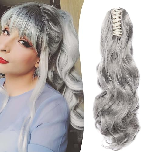 Gairyan 50cm Coda Capelli Extension con Pinza Grigio Scuro Posticci per Capelli Sintetici Coda di Cavallo Claw Ponytail Coda Capelli Extension Clip Ricci Mossi Ondulati Lunghi Parrucchino