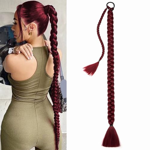 Queue de Cheval Tressée Ponytail, Cheveux Extensions Droites et Enveloppantes, Synthétique Doux Naturel, 86CM Longue, Rouge