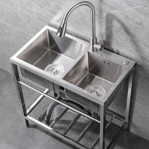 GODFSAHG Edelstahl-Küchenspüle, Edelstahl-Doppelspüle, Catering-Spüle, tragbare freistehende Außenspüle, Mobile gewerbliche Spüle, für Waschküche, Handwaschbecken (81 x 43 cm)