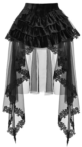 Jupe en Dentelle Gothique Victorienne pour Femme Lolita superposée Taille Haute trapèze Jupe Bustle en Tulle pour fête d'halloween, Noir, XXL