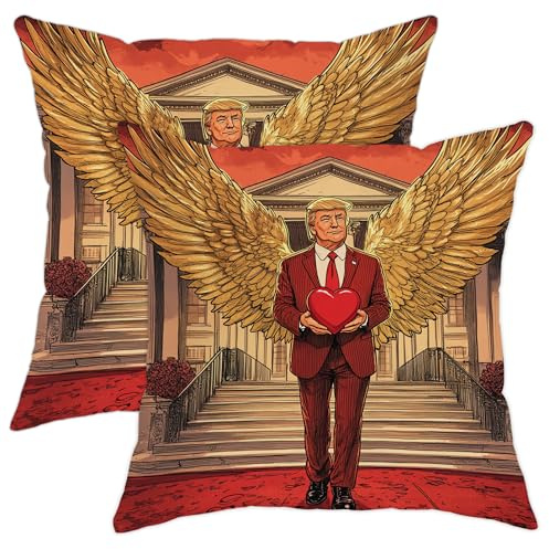 Juego de 2 fundas de almohada decorativas con diseño de corazón angelical, vibrantes figuras doradas con alas doradas, fundas de cojín de estilo rústico para vacaciones y temporada para el hogar, sofá
